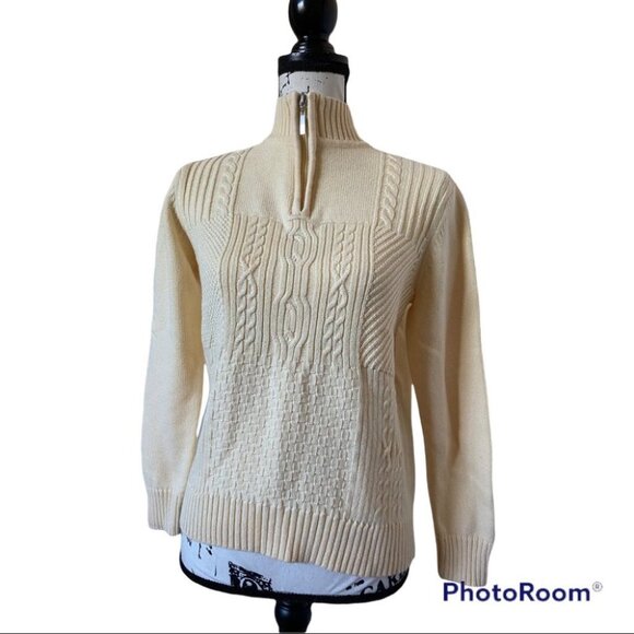 Vintage Karen Scott Sweater Ivory Cotton Cable Knit 3/4 Zip Mock Neck Pullover 6 - Picture 3 of 8